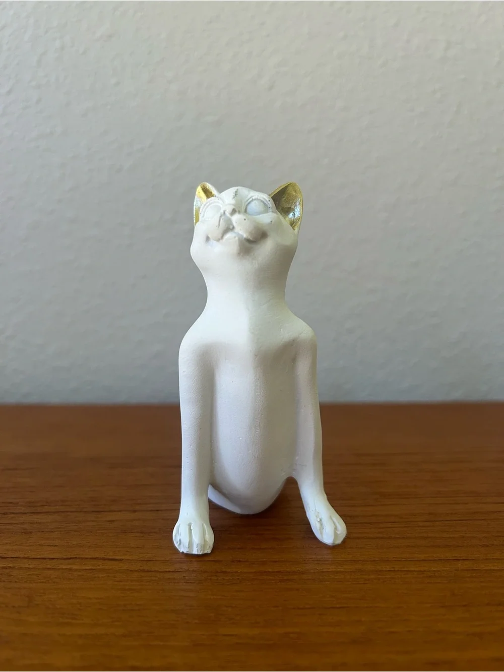 Upward-Facing Dog Zen Yoga Kitty White Ceramic Figurine with Gold Ears
